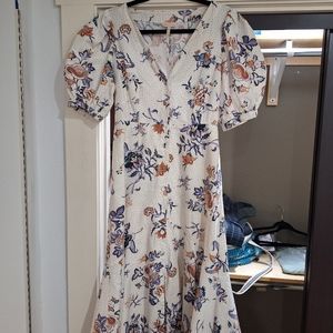 Rebecca Taylor Toile Linen Cotton Midi Half Sleeve V-Neck Dress